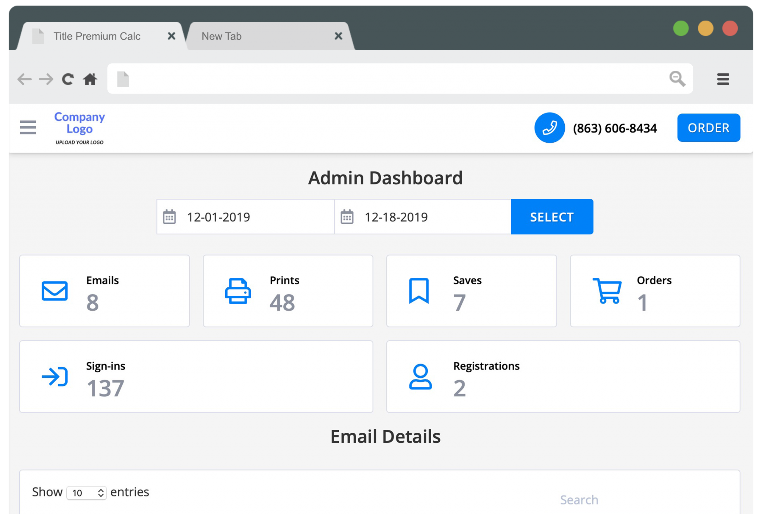 Admin Dashboard, Metrics Screenshot