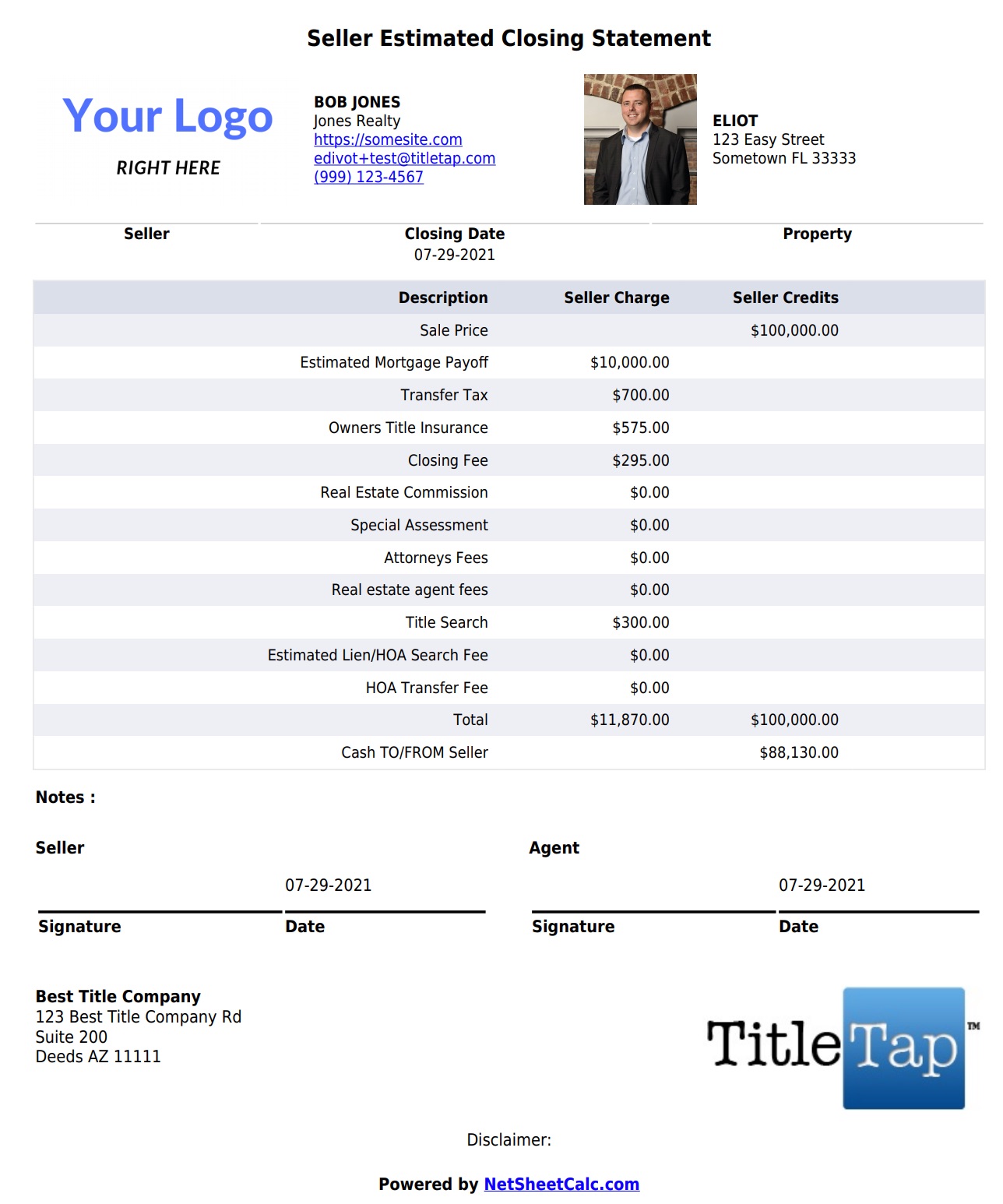 PDF Example: Co-Branded Title Company Net Sheet with Realtor